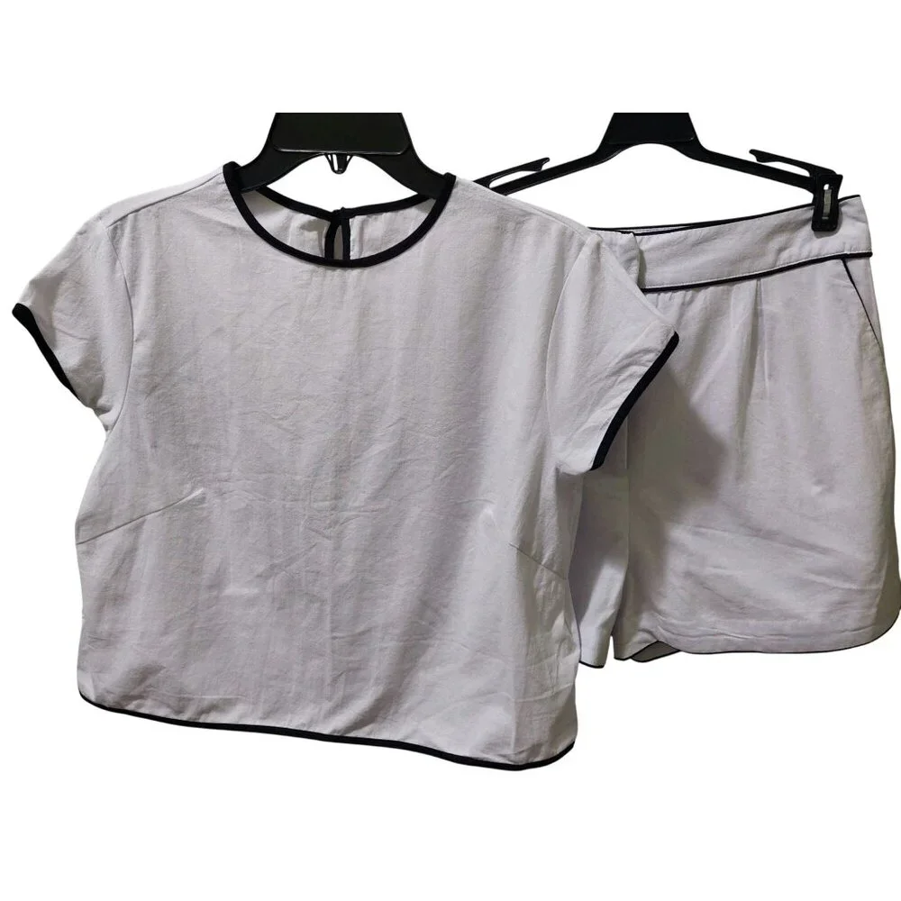 NWT Commense Womens White & Black Trim 100% Cotton Shirt + Shorts Set Size Med. - Picture 4 of 7